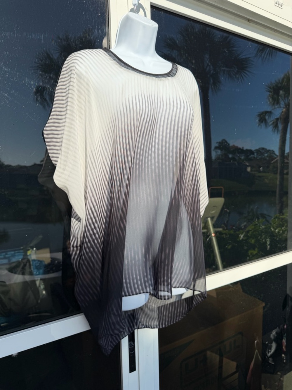 Tahari Black and Cream Sheer Striped Tunic
